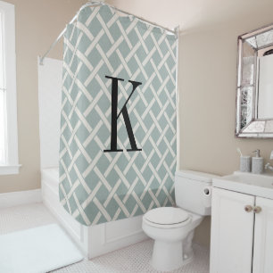 Blue Lattice Large Monogram Farmhouse Bathroom Shower Curtain