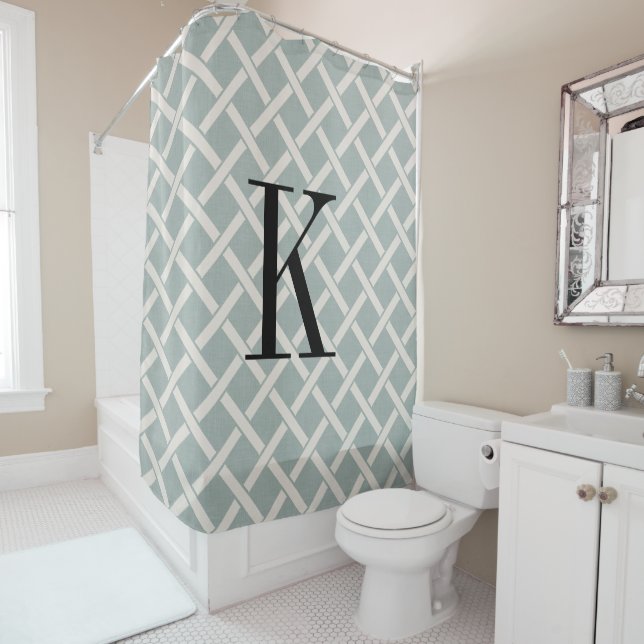 Blue Lattice Large Monogram | Farmhouse Bathroom Shower Curtain (In Situ)