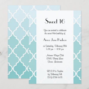 Blue Latticework, Ombre, Quatrefoil, Sweet 16 Invitation