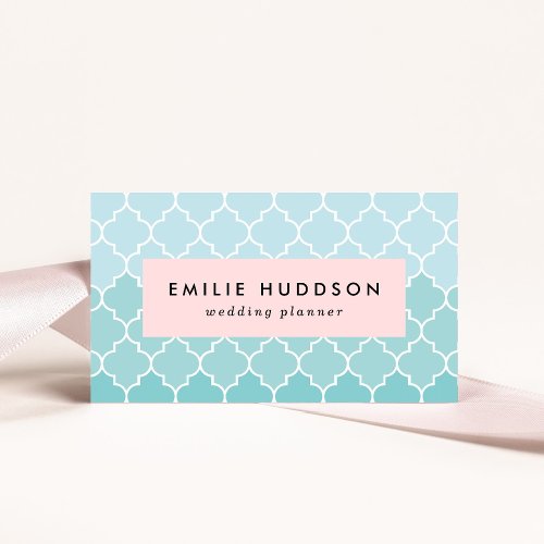 Blue Latticework Ombre Quatrefoil Trellis Business Card