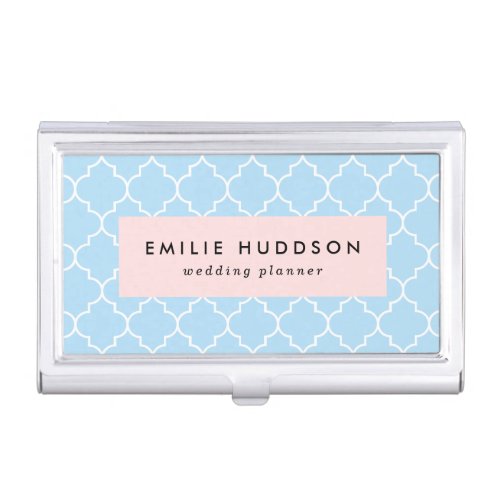 Blue Latticework Quatrefoil Moroccan Trellis Business Card Case