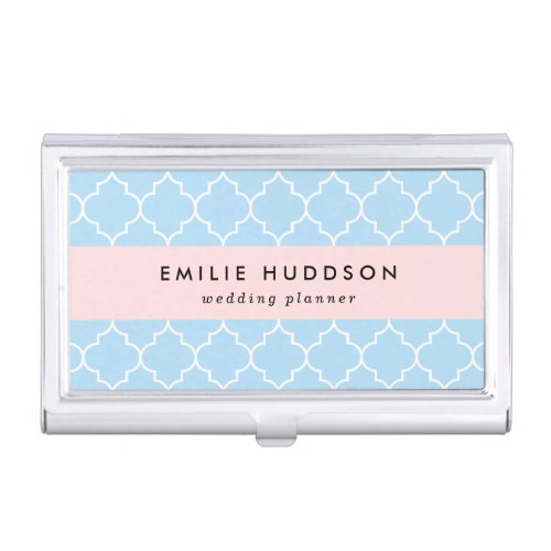 Blue Latticework Quatrefoil Moroccan Trellis Business Card Case