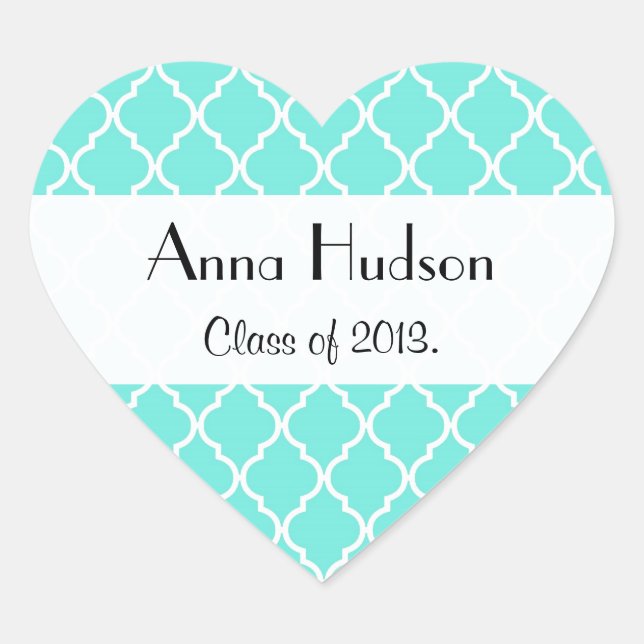 Blue Latticework, Quatrefoil, Trellis, Graduation Heart Sticker (Front)