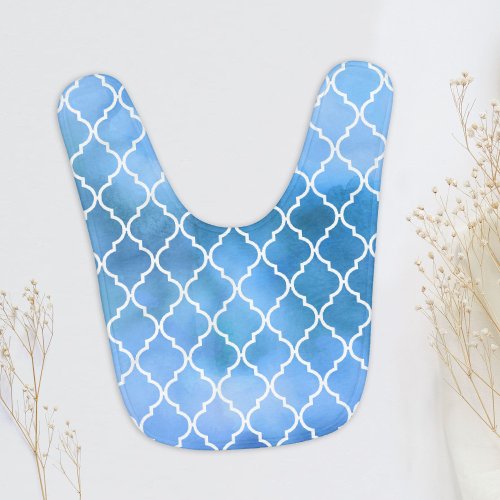 Blue Latticework Quatrefoil Trellis Watercolors Baby Bib