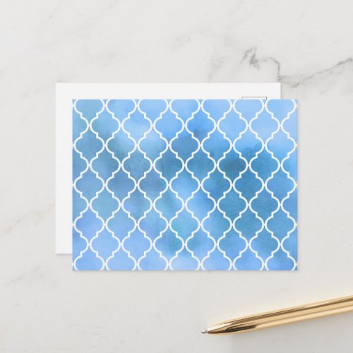 Blue Latticework Quatrefoil Trellis Watercolors Postcard