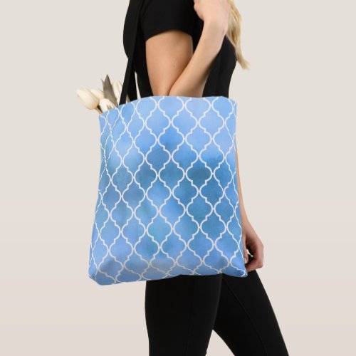 Blue Latticework Quatrefoil Trellis Watercolors Tote Bag