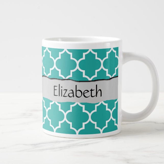 Blue Latticework, Quatrefoil, Trellis, Your Name Giant Coffee Mug (Right)
