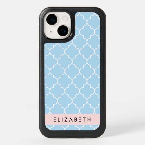 Blue Latticework Quatrefoil Trellis Your Name OtterBox iPhone 14 Case