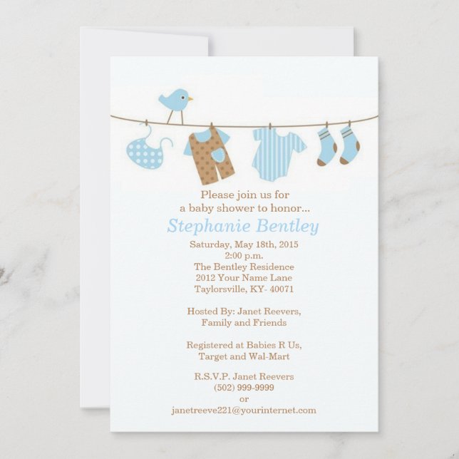 Blue Laundry Bird Baby Shower 5x7 Invitation (Front)