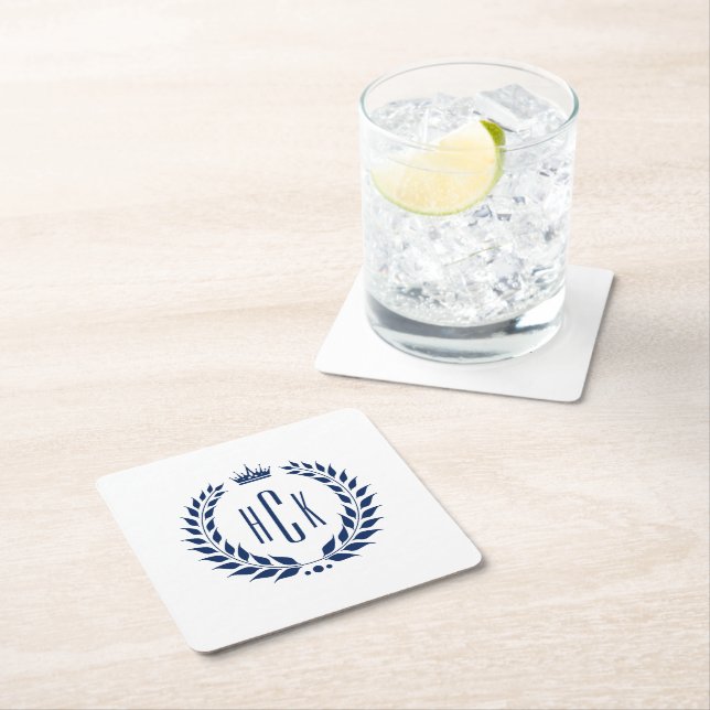Blue Laurel Wreath Custom Monogram Square Paper Coaster (Insitu)