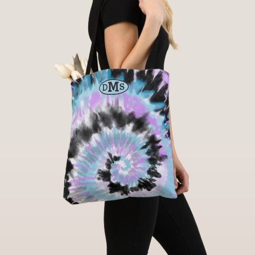 Blue Lavender Black Tie Dye Abstract Monogram Tote Bag