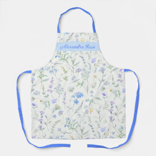 Blue Lavender Green Watercolor Wildflowers Name Apron