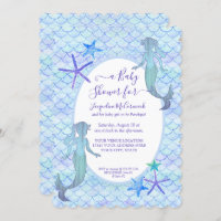 Blue Lavender Mermaid Watercolor Baby Girl Shower Invitation