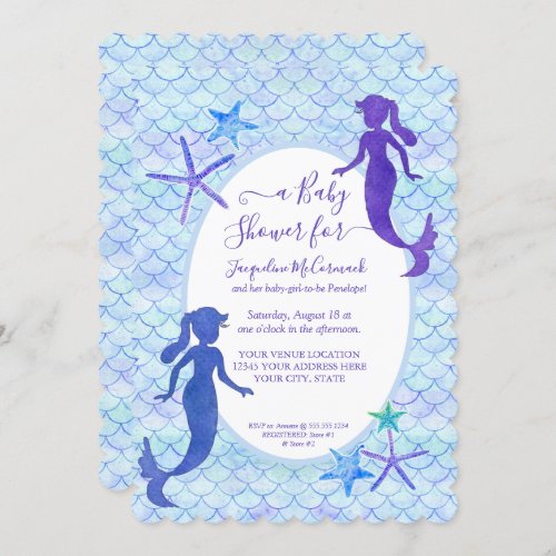 Blue Lavender Mermaid Watercolor Baby Girl Shower Invitation