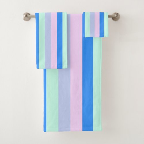 Blue Lavender Pink  Pastel Mint Green Stripes Bath Towel Set