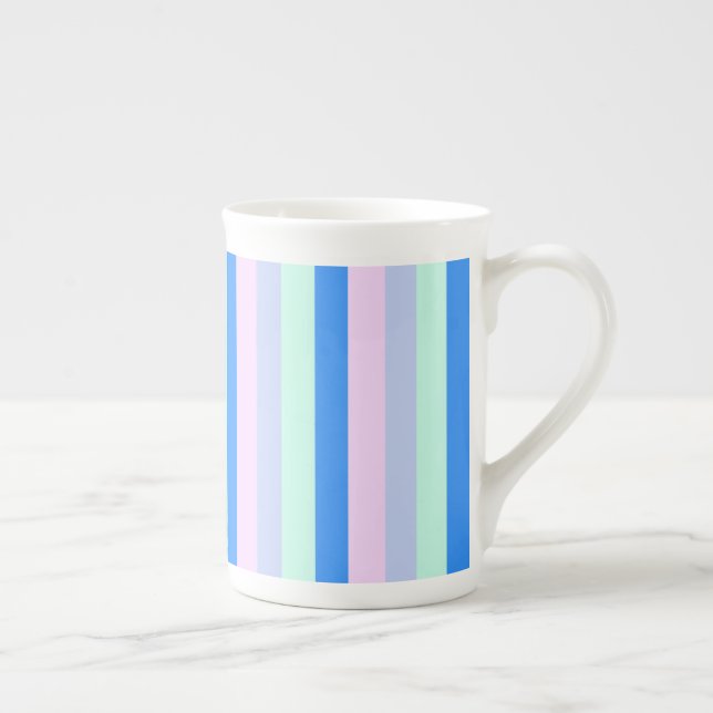 Blue, Lavender, Pink & Pastel Mint Green Stripes Bone China Mug (Right)