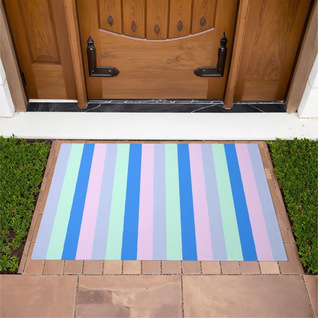 Blue, Lavender, Pink & Pastel Mint Green Stripes Doormat (Outdoor)
