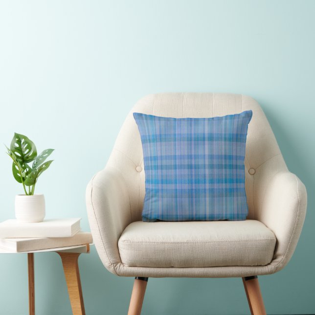 Blue Lavender Plaid Pattern Throw Pillow (Chair)