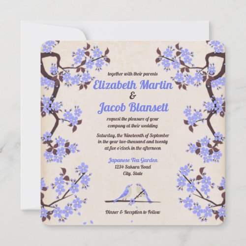 Blue Lavender Sakura and Love Birds Wedding Invitation