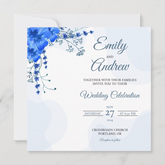 Blue Lavender Watercolor Floral Square Wedding Invitation (Front)