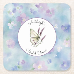 Blue Lavender White Purple Flowers Bridal Shower Square Paper Coaster