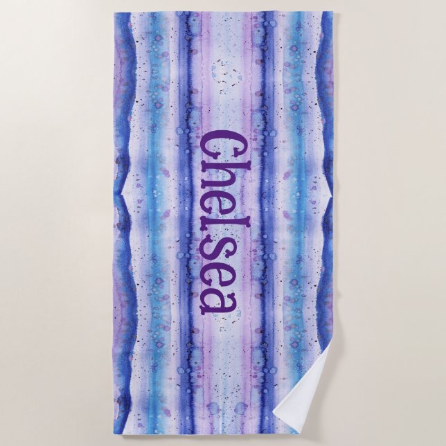 Blue Lavender White Watercolor Streaks-Monogrammed Beach Towel (Front)