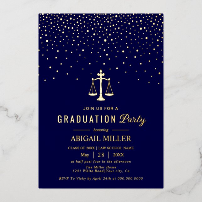 Blue Law school Class Of 2026 graduation confetti Foil Invitation (Front)