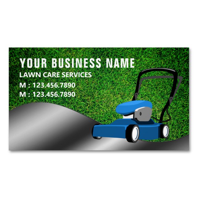 Blue Lawn Mower Gardening Service Grass Cutting Business Card Magnet (Front)