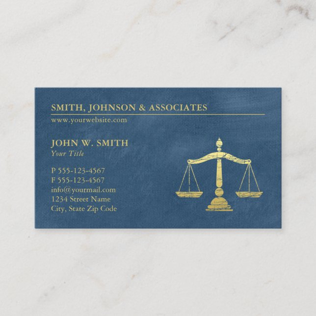 Blue Lawyer Scales of Justice Gold effect Canvas Business Card (Front)