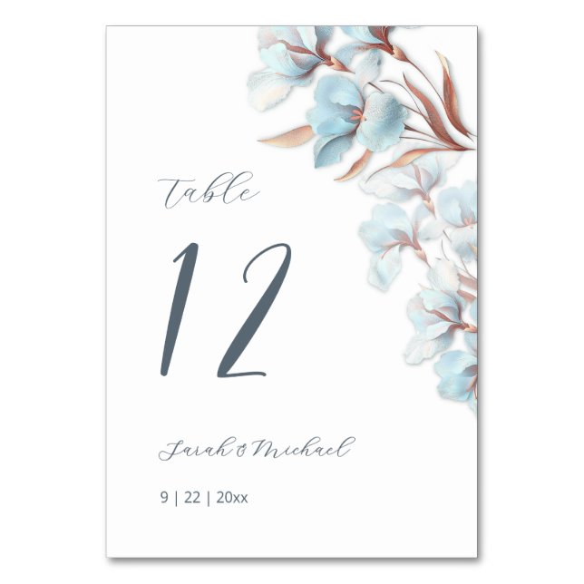 Blue Layered Flowers Wedding Table Number (Back)