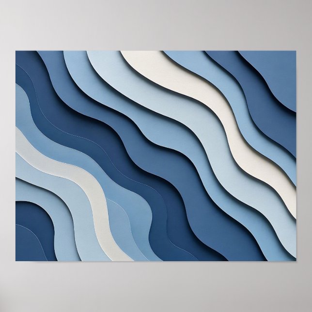 Blue Layered Paper Cut Waves Abstract Poster (Front)