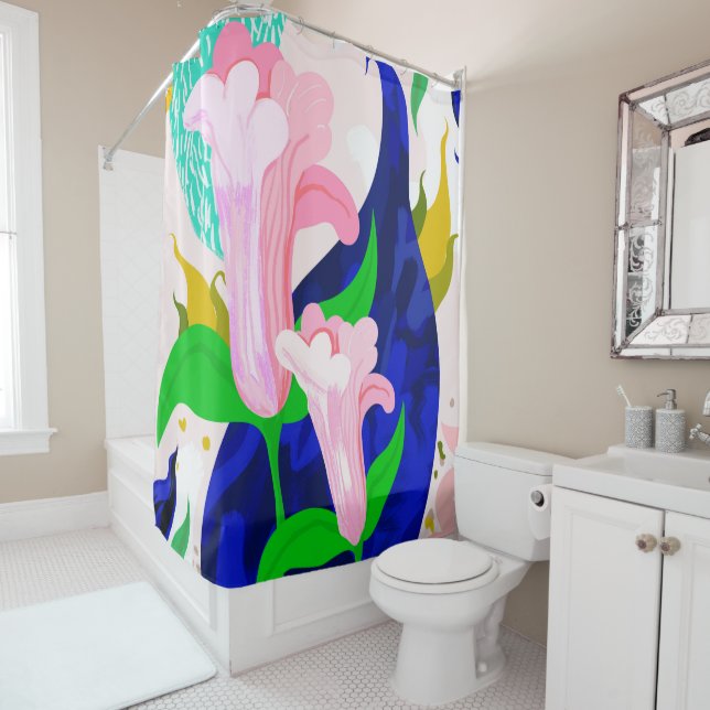 Blue Leaf | Abstract Botanical Floral Painting | E Shower Curtain (In Situ)