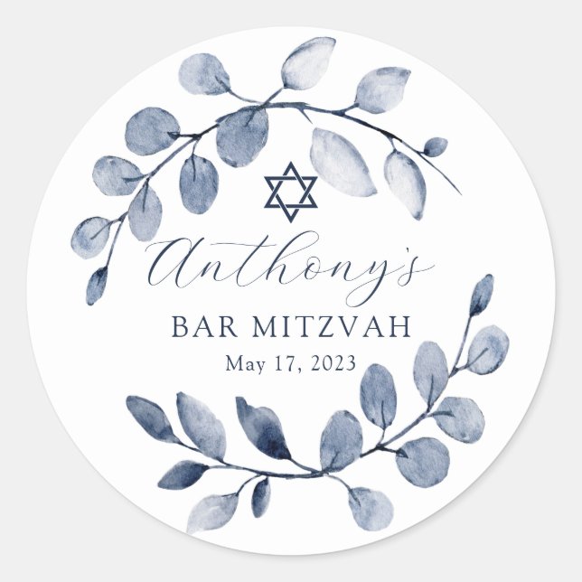 Blue Leaf Bar Mitzvah Classic Round Sticker (Front)
