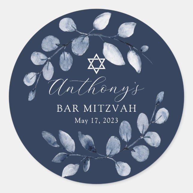 Blue Leaf Bar Mitzvah Classic Round Sticker (Front)