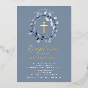 Blue Leaf Boys Baptism Foil Invitation