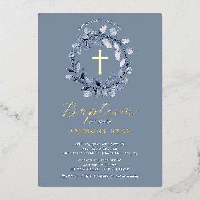 Blue Leaf Boys Baptism Foil Invitation (Front)
