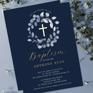 Blue Leaf Boys Baptism Foil Invitation