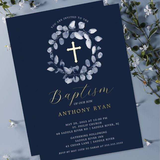 Blue Leaf Boys Baptism Foil Invitation (Creator Uploaded)