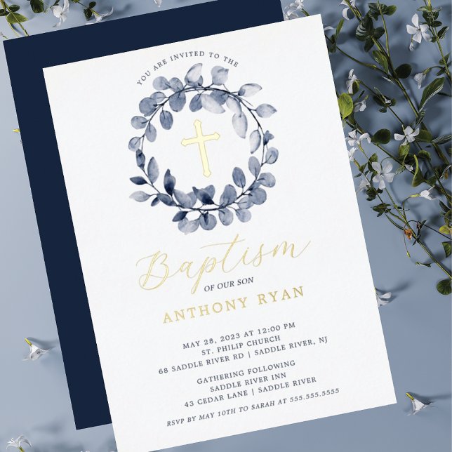 Blue Leaf Boys Baptism Foil Invitation (Creator Uploaded)