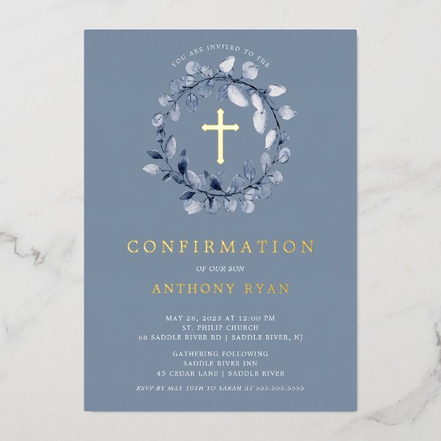 Blue Leaf Boys Confirmation Foil Invitation (Front)
