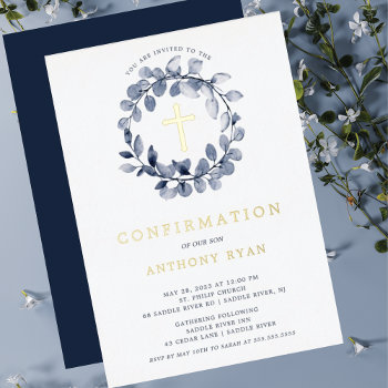 Blue Leaf Boys Confirmation Foil Invitation by invitationstop at Zazzle