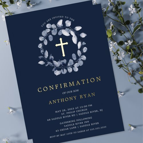 Blue Leaf Boys Confirmation Foil Invitation