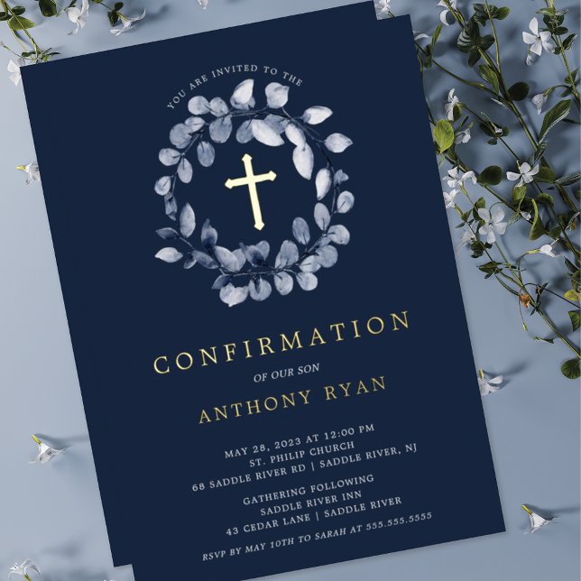 Blue Leaf Boys Confirmation Foil Invitation (Creator Uploaded)