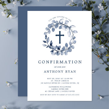 Blue Leaf Boys Confirmation Invitation by invitationstop at Zazzle
