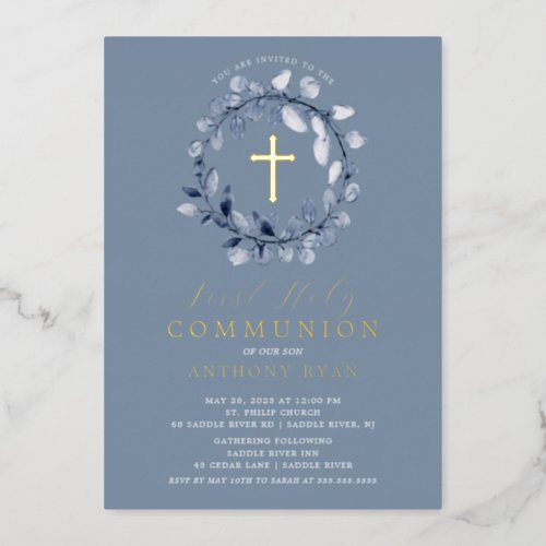 Blue Leaf Boys First Communion Foil Invitation