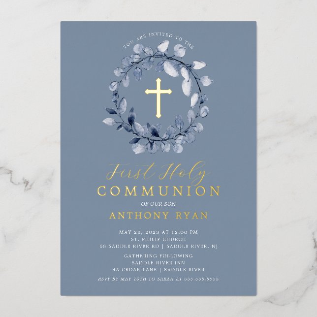 Blue Leaf Boys First Communion Foil Invitation (Front)