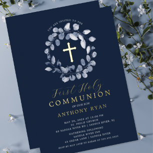 Blue Leaf Boys First Communion Foil Invitation