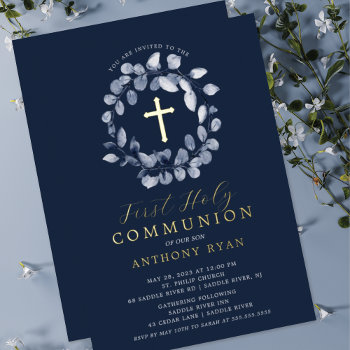 Blue Leaf Boys First Communion Foil Invitation by invitationstop at Zazzle
