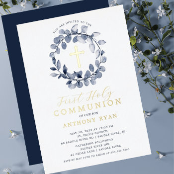 Blue Leaf Boys First Communion Foil Invitation by invitationstop at Zazzle