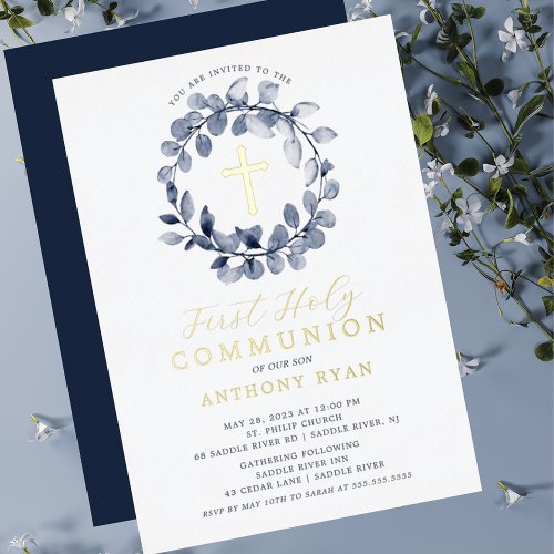 Blue Leaf Boys First Communion Foil Invitation